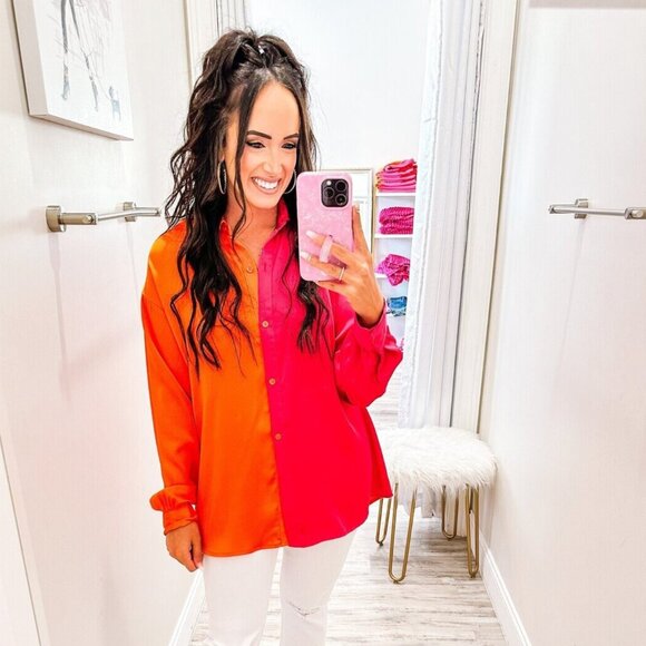 Strut & Bolt Multicolor Orange and Hot Pink Button Up Colorblock Satin Blouse - Picture 2 of 9